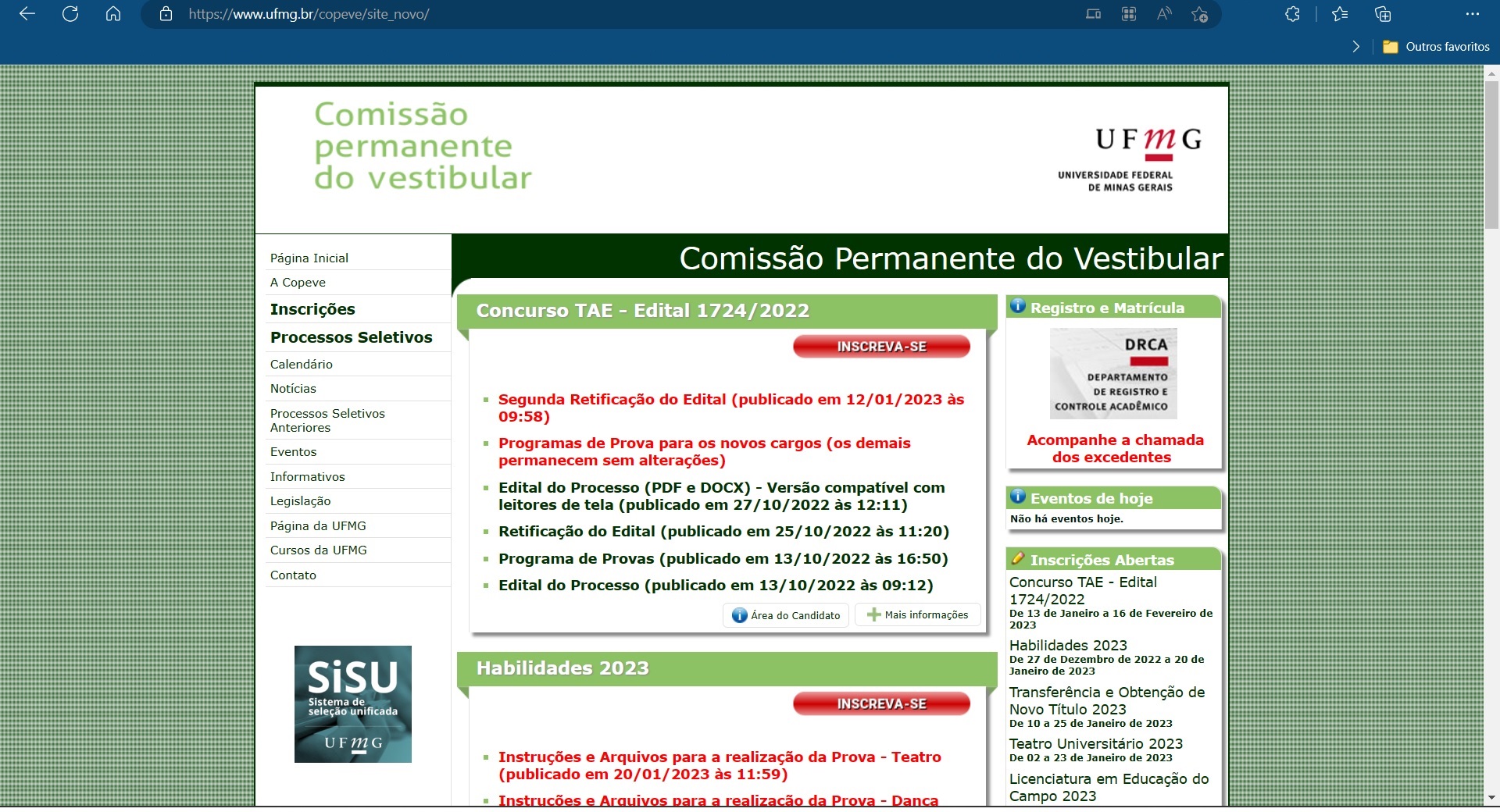 NOTAS DE CORTE DA UFMG NO SISU