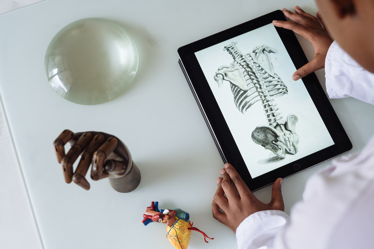 Médico vendo a imagem de um esqueleto em seu tablet