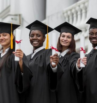 Quatro estudantes do Vestibular FDF 2024 seguram o diploma e usam beca de formandos