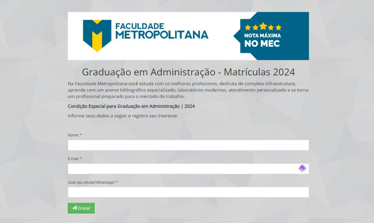 Página de inscrição da Faculdade Metropolitana 2024
